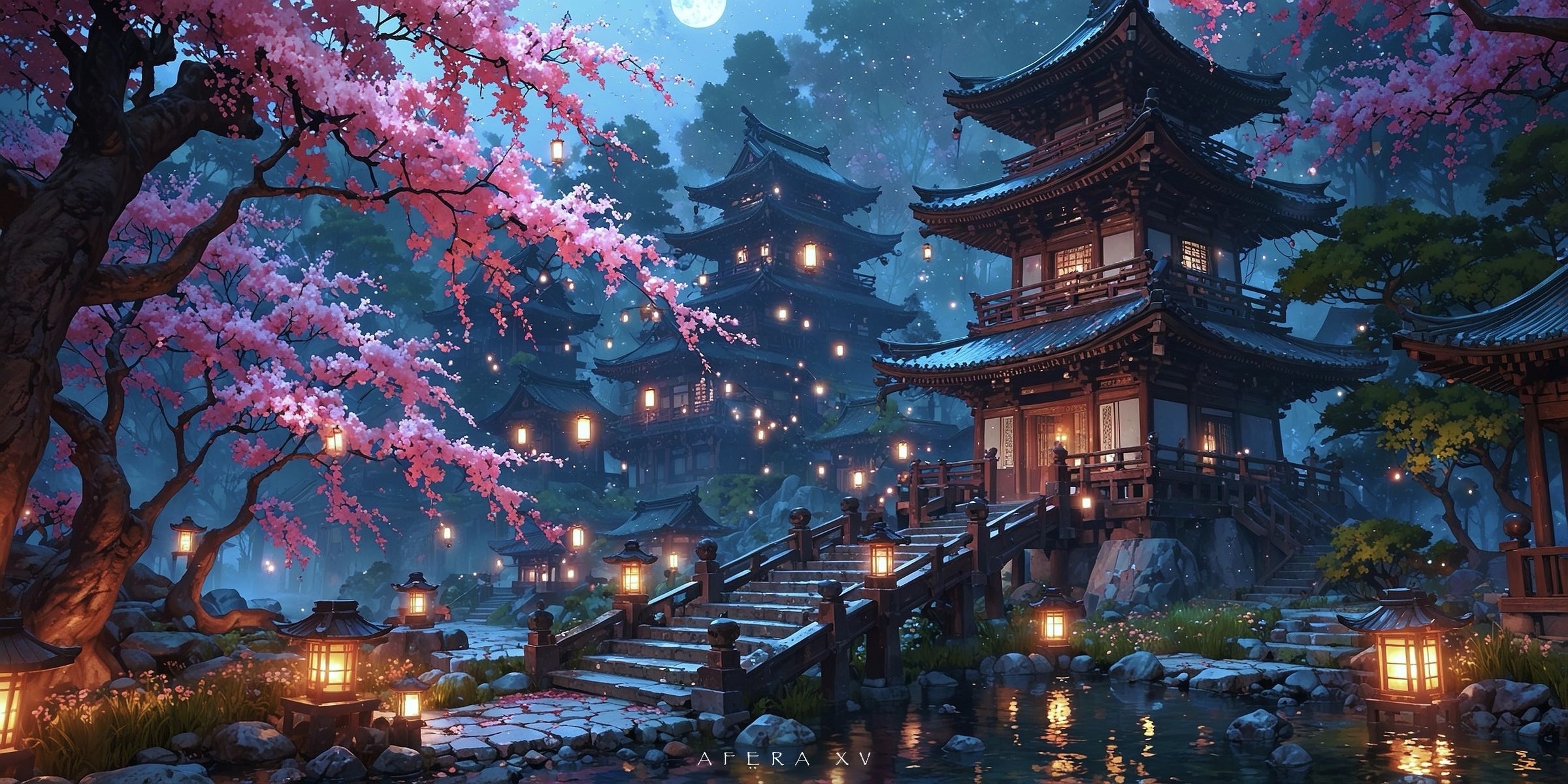 Lantern Village  Sakura Night wallpaper